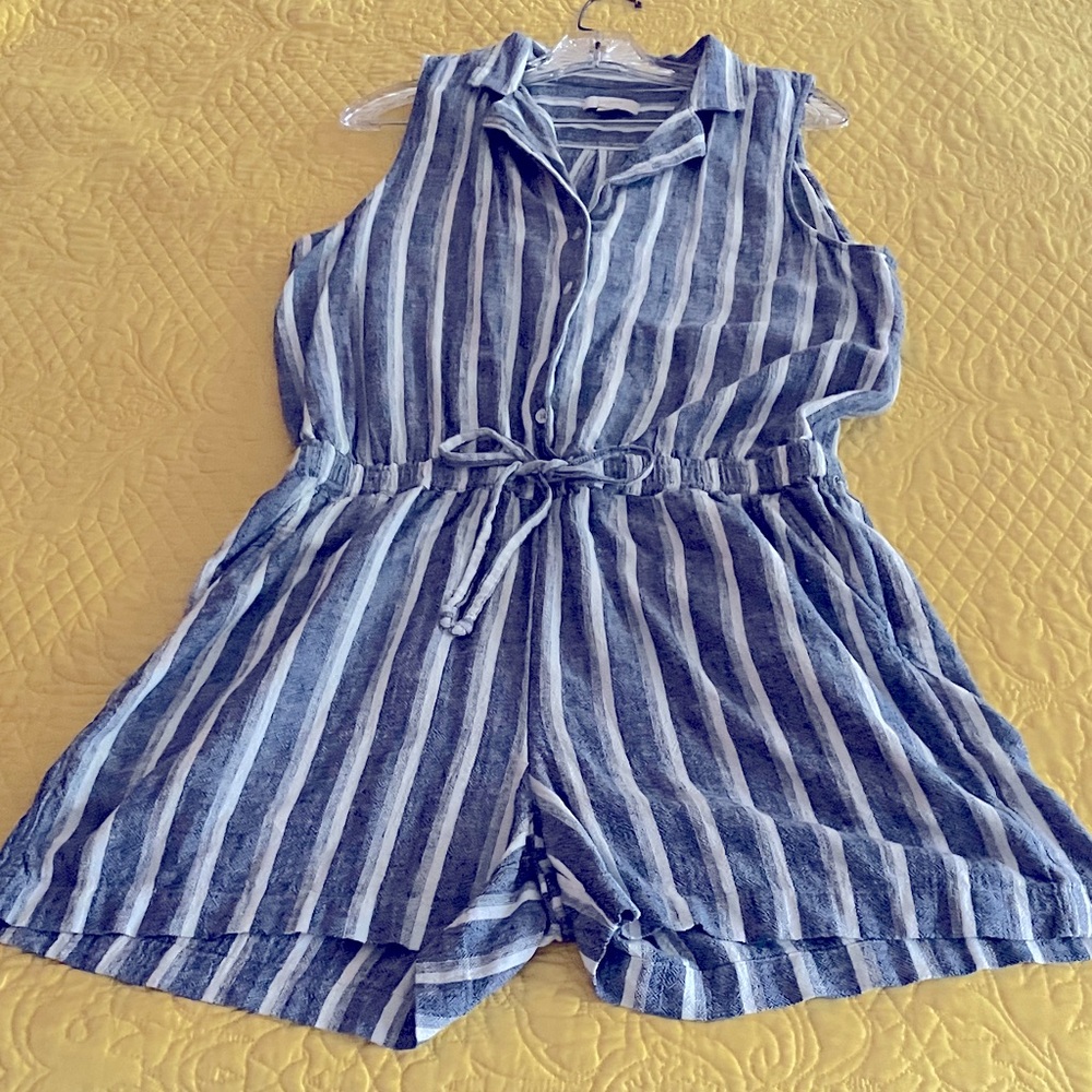 LOFT Sleeveless Striped Romper in Blue and White